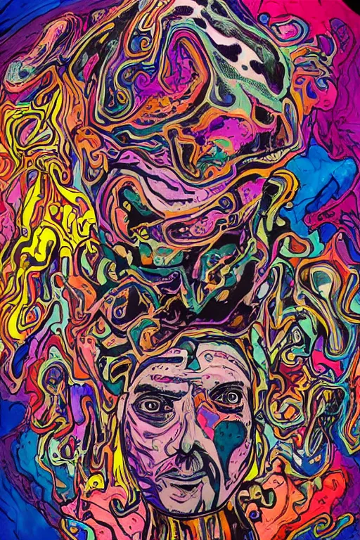 Image similar to a man with a psychedelic face with many deformed and chaotic monsters on his face