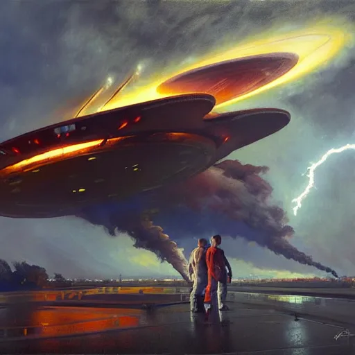 Prompt: a huge spaceship landing, the spaceship is on fire, smoke, rainstorm, lightning, angry, kinetic, john sargent, adolphe bouguereaum, norman rockwell, style by peter deligdisch, concept art by jama jurabaev, trending on artstation, highly detailed oil painting,