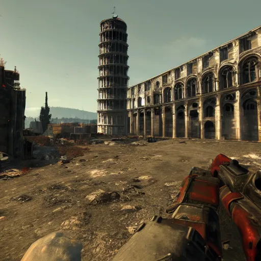 Image similar to Tower of Pisa destroyed post-nuclear war in Fallout 4, in game screenshot