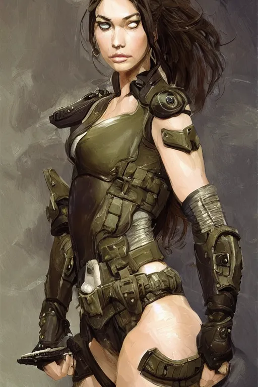 Image similar to a professionally painted portrait of an attractive young woman, clothed in military armor, olive skin, long dark hair, beautiful bone structure, symmetrical facial features, intricate, elegant, digital painting, trending on Artstation, concept art, smooth, sharp focus, illustration, from Metal Gear by Ruan Jia and Mandy Jurgens and Artgerm and William-Adolphe Bouguerea, award winning