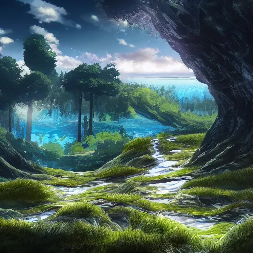 Image similar to far deep drop, to the sky to the top, lakes we cross to see the trees, lost and gone, suffer disease, trending on artstation, anime style 4 k