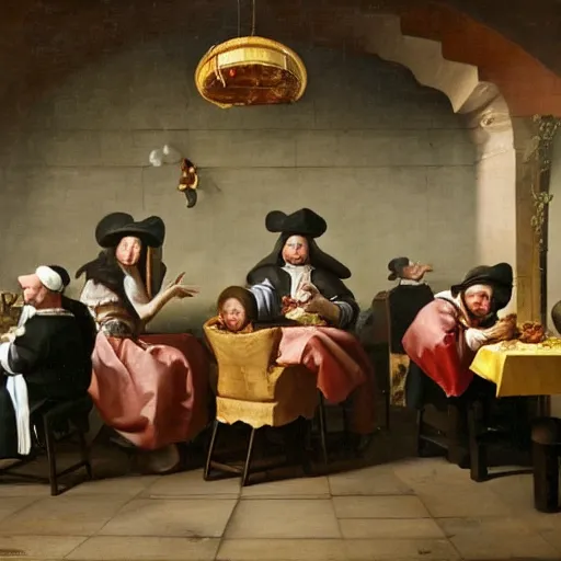 Image similar to A flemish baroque oil painting of people eating at macdonalds