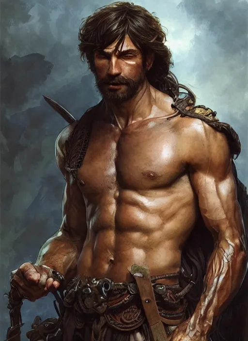 Image similar to Portrait of a rugged warrior, male, man, D&D, muscular, bare thighs, fantasy, intricate, elegant, highly detailed, digital painting, artstation, concept art, smooth, sharp focus, illustration, art by artgerm and greg rutkowski and alphonse mucha