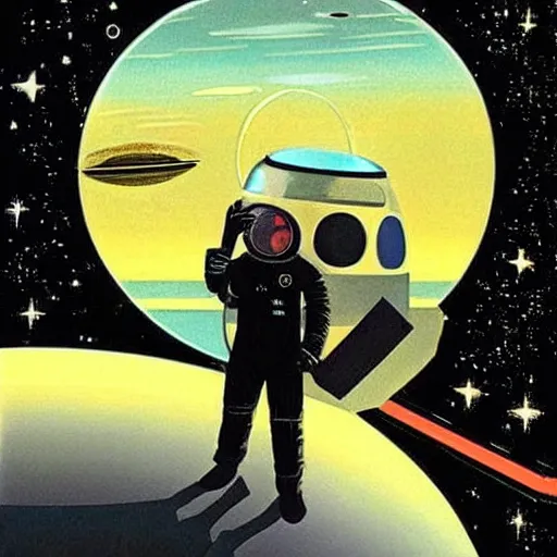 Image similar to retro sci fi art of an astronaut next to jupiter in a car,