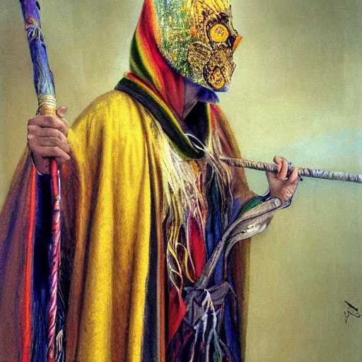 Image similar to a shaman in a rainbow hooded poncho, a venetian mask and holding a gold cane. by alan lee