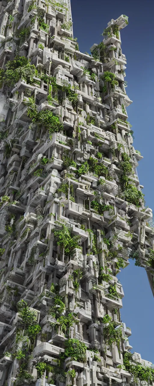 Image similar to solarpunk style, eye level view of a contemporary tower, golden intricate details, stone facade, sacred architecture, hanging gardens, cascading highrise, arid mountains with lush palm forest, photorealistic, sunlight, 8 k, post - production, octane, cgi, sfx