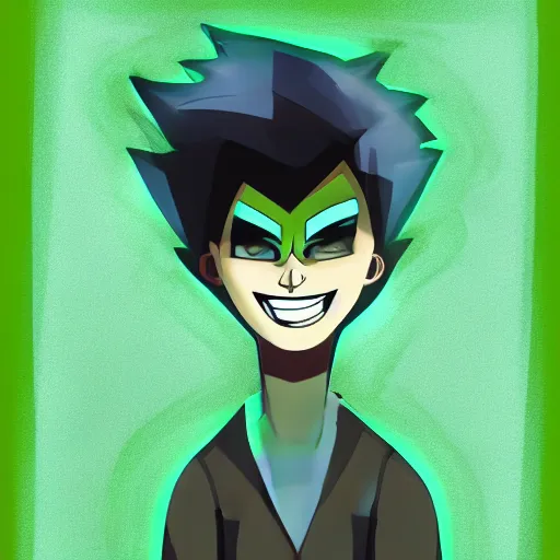 Prompt: A digital matte intricate illustration concept art of young Danny phantom with glowing green eyes and sharp teeth fangs alt art fashion inspired art by C