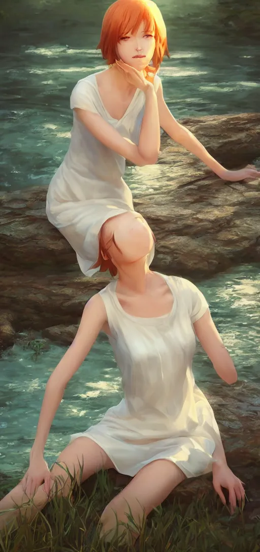 Image similar to southern ginger woman in simple cream dress sitting beside a river, airbrushed, hazy, gentle, soft lighting, wojtek fus, by makoto shinkai and ilya kuvshinov,