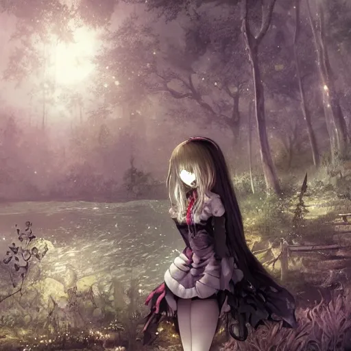 Image similar to goth woman in a moonlight view, in a forest, a river, tankoban, 4 k, tone mapping, akihiko yoshida, james jean andrei riabovitchev marc simonetti, yoshitaka amano, long hair, curly, h. hydrochaeri