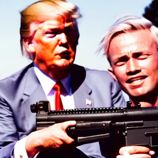 Prompt: donald trump with an M16 in 1960's Vietnam