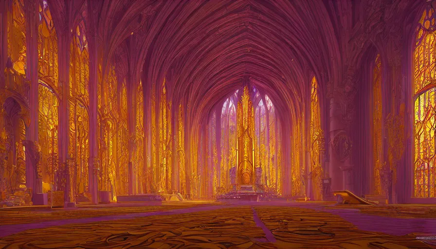 Prompt: Interior of a golden and purple church, hyperdetailed, artstation, cgsociety, 8k