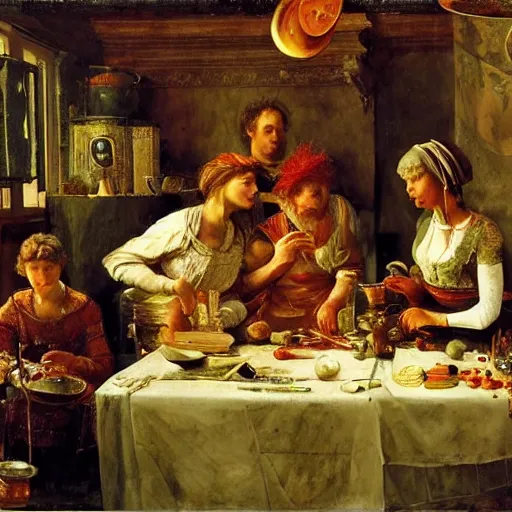 Image similar to Dramatic renaissance scene of cooking in the kitchen, maximalism, by Greg Rutkowksi and Ilya Repin