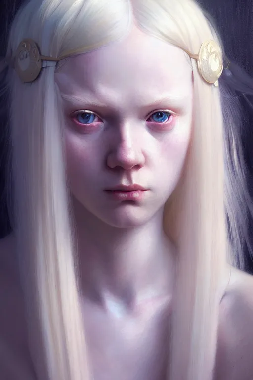 Image similar to Close-up portrait of young albino girl, long blonde hair, dark fantasy, portrait, highly detailed, digital painting, artstation, concept art, sharp focus, illustration, art by artgerm and greg rutkowski and alphonse mucha