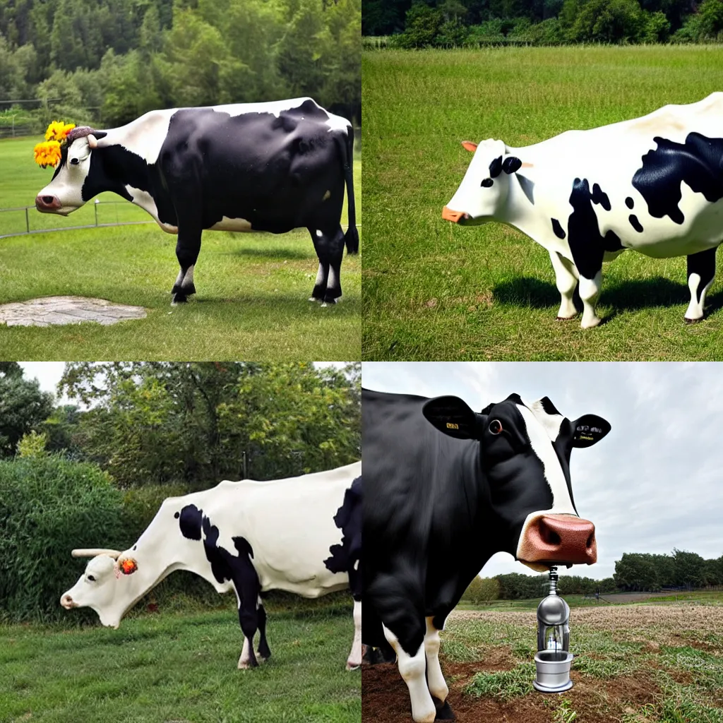 Prompt: Mechanical cow drinking from a flower