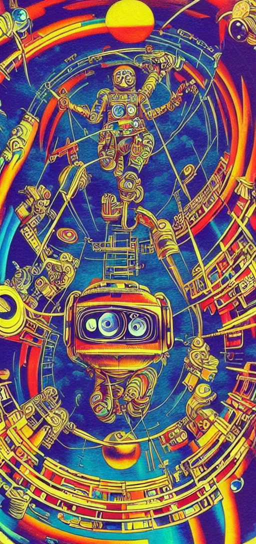 Prompt: aztec astronaut dissolving into cybernetic transhumanistic bio mechanical game console god, symmetry, nintendo clouds, basil wolverton, high detail, studio ghibli, mc escher, picasso, dali, muted but vibrant colors, cubism, gold speckles, rainbow tubing, metallic wires