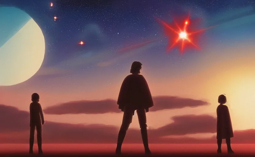 Image similar to star wars binary sunsets in a ghibli realistic style