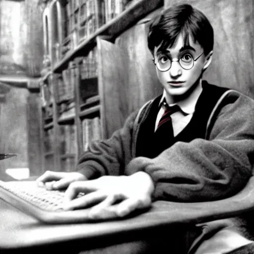 Image similar to Photo of Harry Potter using a computer in Hogwarts