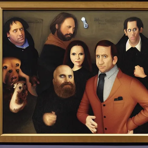 Image similar to the cast of the office, steve carell, jenna fischer, john krasinski, rainn wilson, portrait painting by hieronymus bosch