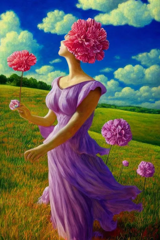 Image similar to closeup, giant carnation flower head, woman in suit, clouds in sky, surreal, impressionist painting, digital painting, artstation, rob gonsalves