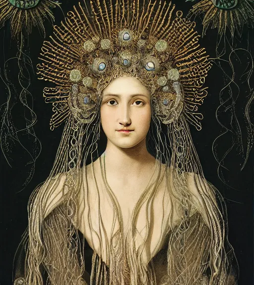 Image similar to portrait of a beatiful young goddess with intricate jellyfish headdress, dark background, intricate hyper detailed art by ernst haeckel,