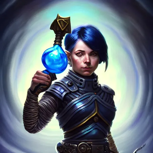 Prompt: muscular female gnome engineer artificer, metal gauntlet, short black hair, blue background, full body portrait, d & d, fantasy, intricate, elegant, highly detailed, digital painting, artstation, centred, rule of thirds, concept art, matte, sharp focus, illustration, cover by artgerm, art by greg rutkowski