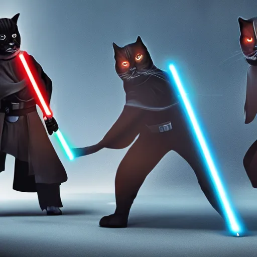 Prompt: Sith kitties in light saber battle with jedi puppies, high quality, detailed, digital art, 4K, OLED, shadows, reflections, Star wars background