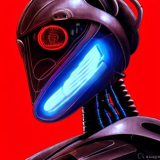 Image similar to low angle shot of a cyberpunk gazmask robot character with red wires behind from top, intricate, elegant, highly detailed, centered, digital painting, artstation, concept art, smooth, sharp focus, illustration, artgerm, Tomasz Alen Kopera, Peter Mohrbacher, donato giancola, Joseph Christian Leyendecker, WLOP, Boris Vallejo