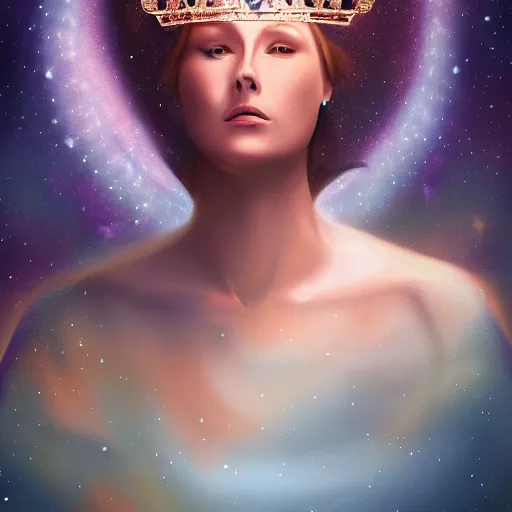 Prompt: a realistic digital painting of a queen looking over the galaxy, wearing a crown, dramatic lighting, serious expression, 4K, HD, detailed, epic