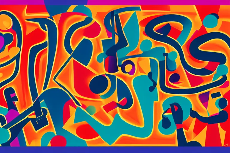 Image similar to Stylized abstract art of jazz musicians playing along with musical notes in the style of Stuart Davis