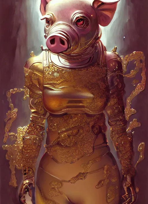 Image similar to robotic pig, d & d, wet, shiny, fantasy, intricate, elegant, extremely higly detailed, ultra definition, digital painting, artstation, baroque, concept art, smooth, sharp focus, illustration, art by artgerm and greg rutkowski and alphonse mucha