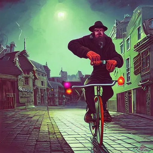 Image similar to a beautiful painting of a very detailed gangster riding a bike in a old town by dan mumford, beeple, trending on artstation, vapourwave