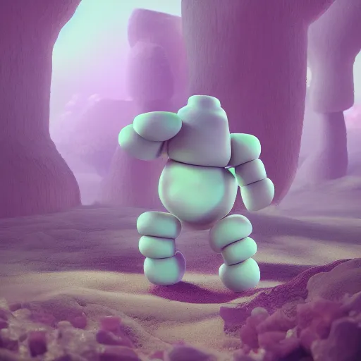 Prompt: A Marshmallow Golem wandering a candy landscape, mystical, mysterious, magical, Octane Render, Raytracing