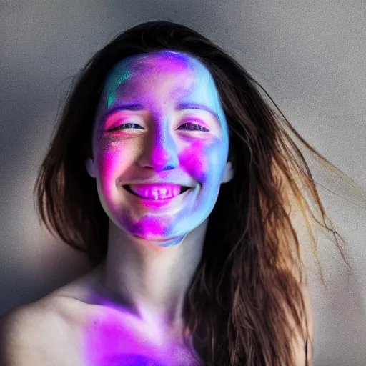 Image similar to a photo of a female smiling, painted her body with ultraviolet paint, 5 0 mm lens, f 1. 4, sharp focus, ethereal, emotionally evoking, head in focus, volumetric lighting, 8 k