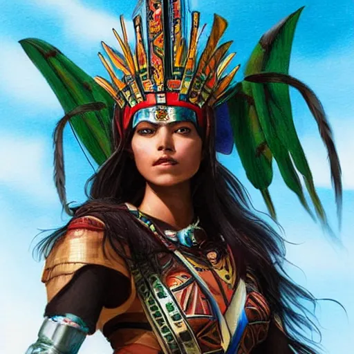 Prompt: a beautiful female aztec warrior wearing a futuristic crown of very long quetzal feathers, by riccardo federici, xin haicheng, and artgerm, with a perfect body and perfectly positioned face, strong jawline and flowing dark hair, brown eyes, fair skin, global illumination h - 7 0 4