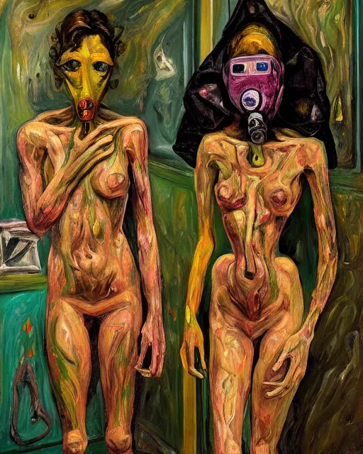 Prompt: Two skinny figures, wearing gas masks connected to their hearts, draped in silky gold, green and pink, inside an abandoned hospital room, they sit next to a small door where the world is on fire, loss in despair, transhumanist speculative evolution, depth of field, in the style of chaim soutine, Esao Andrews, Jenny Saville, Adrian ghenie, (((Edward Hopper))), surrealism, dark art by Beksinski, Takato Yamamoto