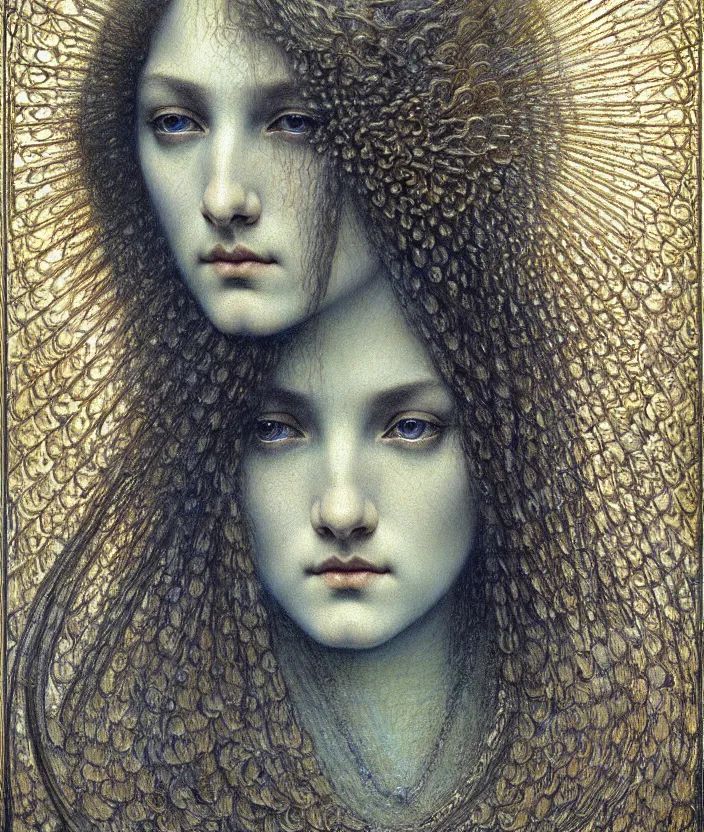 Image similar to detailed realistic beautiful young medieval queen face portrait by jean delville, gustave dore and marco mazzoni, art nouveau, symbolist, visionary, gothic, pre - raphaelite. horizontal symmetry