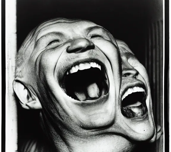 Image similar to Hans Bellmer photo of 'gigachad laughing in prison', dark, high contrast, high exposure photo