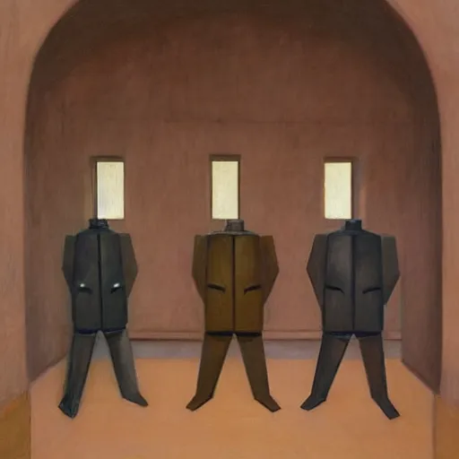 Image similar to three brutalist robot judges in a vaulted court, grant wood, pj crook, edward hopper, oil on canvas