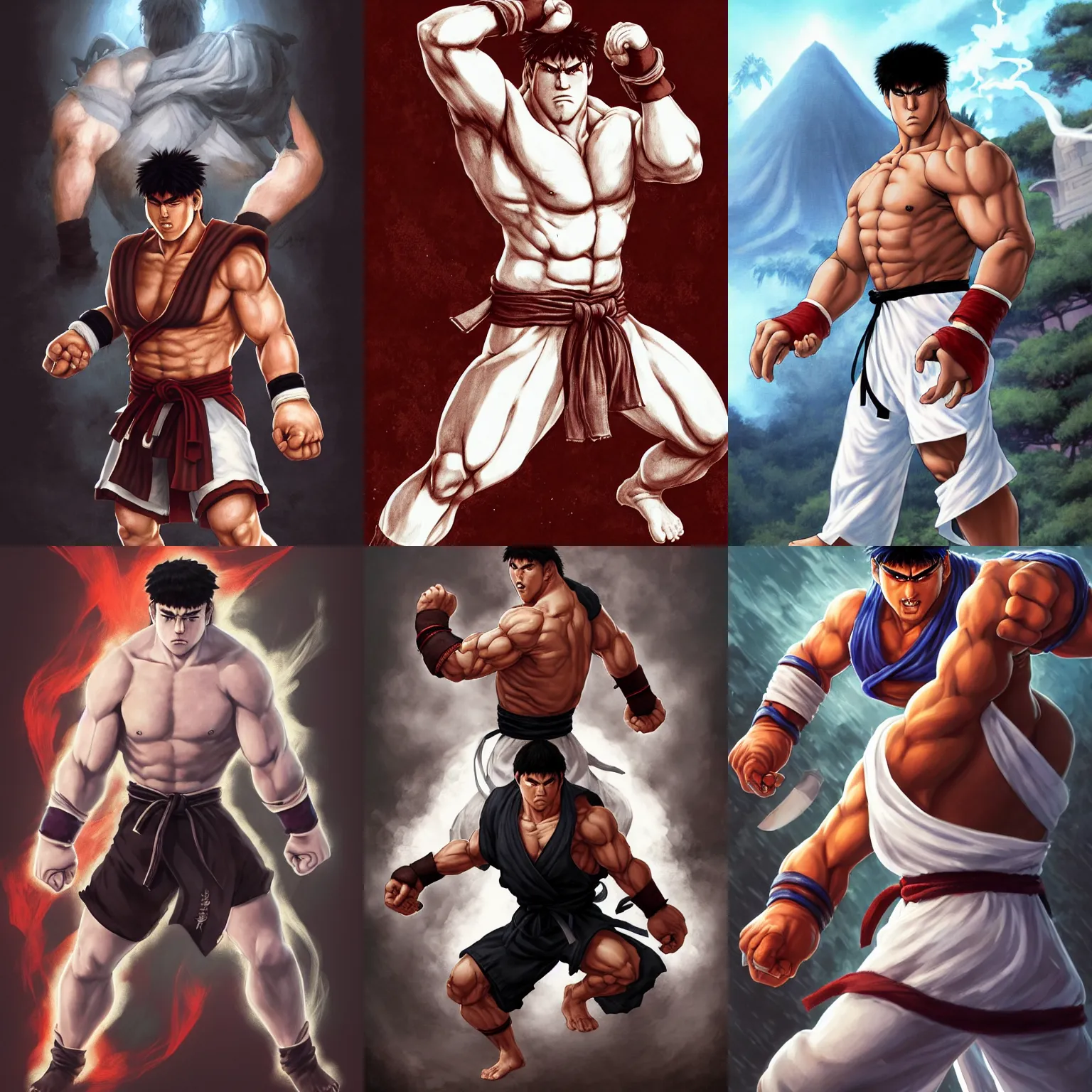 Prompt: Full body Picture of a Ryu from Streetfighter 2, fighter, black bandage on arms, marked muscles, white skin, dark blond hair, brown eyes, detailed face, combat stance, black soggy pants, spiritual, epic fantasy, temple in the background, D&D, by artgerm and Craig Mullins, James Jean, Andrey Ryabovichev, Mark Simonetti and Peter Morbacher, matte painting, trending on artstation, artstationHD, artstationHQ, octane, full HD, 16K