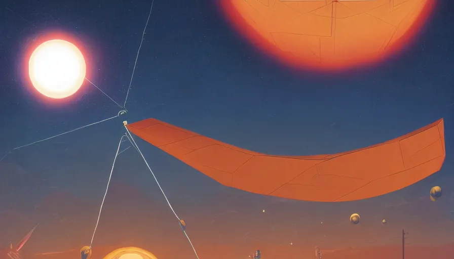 Image similar to hexagonal solar sails floating in front of sun, simon stalenhag