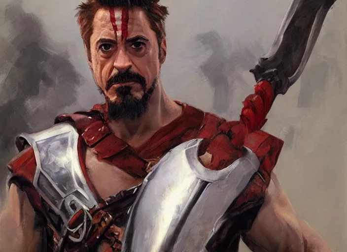 Prompt: a highly detailed beautiful portrait of robert downey jr as kratos, by gregory manchess, james gurney, james jean