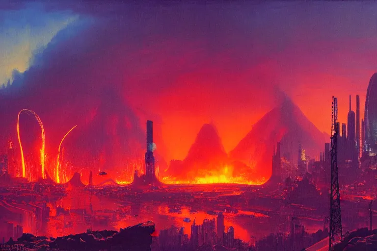 Image similar to a cyberpunk city in the crater of a volcano, lava flowing, smoke, fire, neon, industrial, by paul lehr