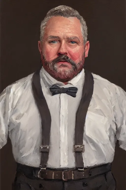 Image similar to palette knife oil painting of professor clay, middle - aged, thickset, barrel chest, voluminous, salt - and - pepper beard. eyes smolder like embers. dress shirt and suspenders, sleeves rolled, tie loosened. extreme detail. artstation trending, artgerm, deviant art, octane, substance, art history 8 k