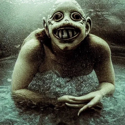 Prompt: sea monster about to eat pov underwater, neutral expression, have submerged, pale skin, dark yellowish water, foggy water, dark, dramatic,'silent hill ', big eyes, alluring and terrifying, cinematic