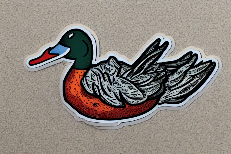 Image similar to a sticker illustration of a smoking duck in lowbrow art style, highly detailed, elegant, intricate