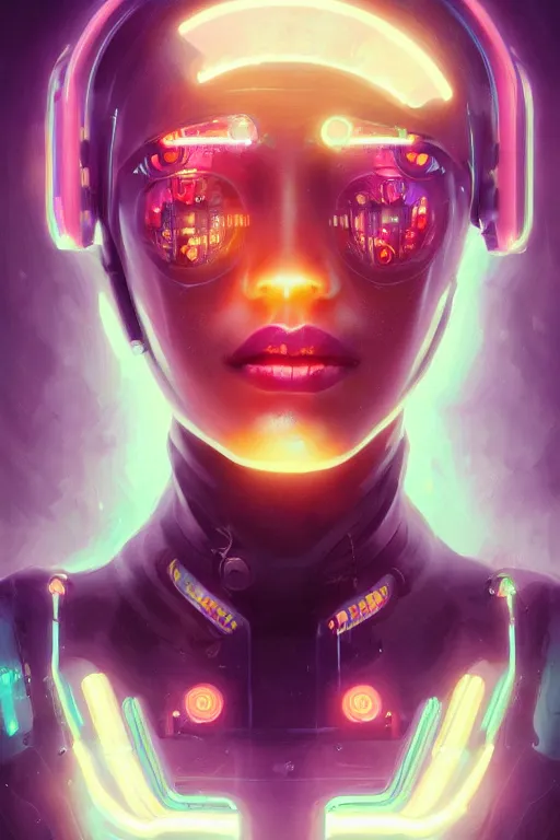 Prompt: portrait of a trippy cyborg girl with biotechnical parts and neon light by Artgerm and Greg Rutkowski , digital painting, highly detailed, trending on artstation
