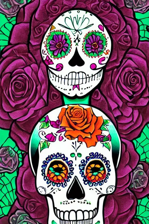 Image similar to illustration of a sugar skull day of the dead girl, art by handrikus schiffmacher