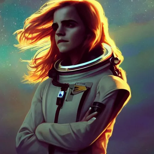 Prompt: a close-up of Emma Watson as an astronaut, long flowing hair, dramatic backlighting, stars, golden hour, kodachrome, color contrast, high contrast, highly detailed, sharp focus, digital painting, concept art, illustration, trending on artstation, art by greg rutkowski + greg hildebrandt + alphonse mucha