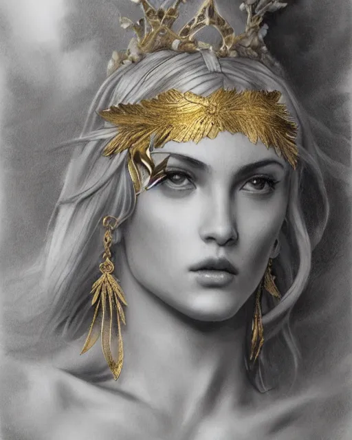 Image similar to front view of beautiful aphrodite greek goddess wearing a gold laurel wreath and triangle earrings, realism tattoo sketch, beautiful piercing eyes with sharp pupils, beautiful blonde hair, in the style of greg rutkowski, fantasy, amazing detail, epic, elegant, smooth, sharp focus