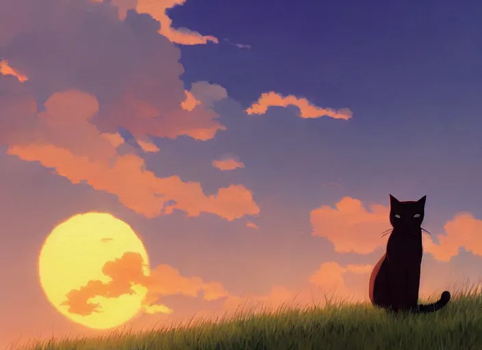 Image similar to cat, by makoto shinkai, highly detailed, sunset light